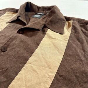 Haggar Mens Brown Linen Blend Short Sleeve Bowling Shirt Large Retro Colorblock